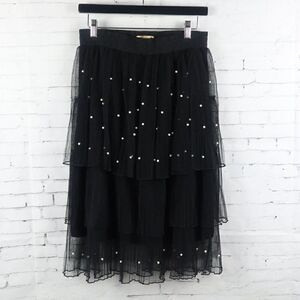 METRO WEAR BLACK LAYERED TIERED MIDI SKIRT WITH PEARL ACCENTS SIZE SMALL